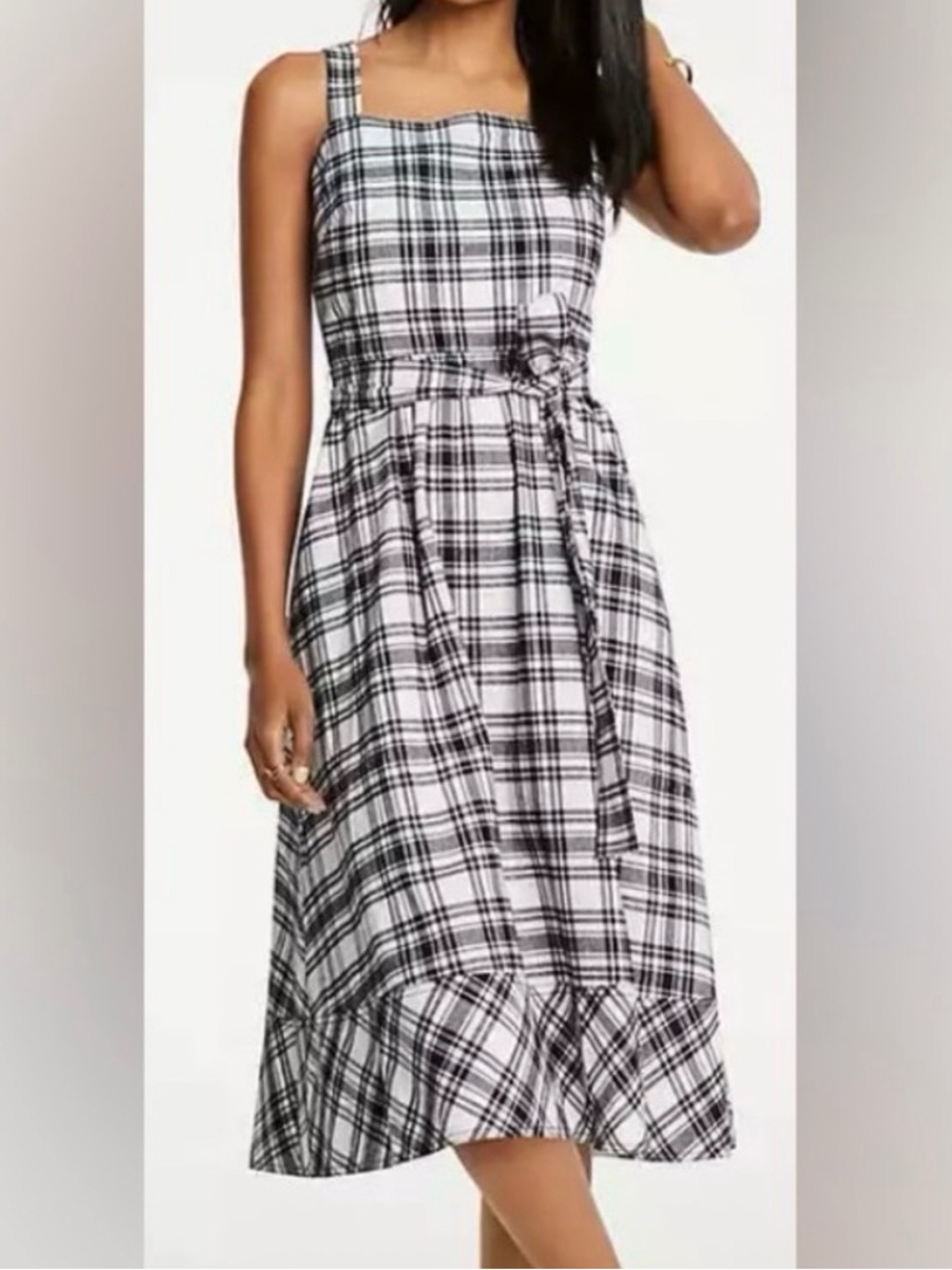 Ann Taylor Black and White Plaid Tie-Waist Midi Dress